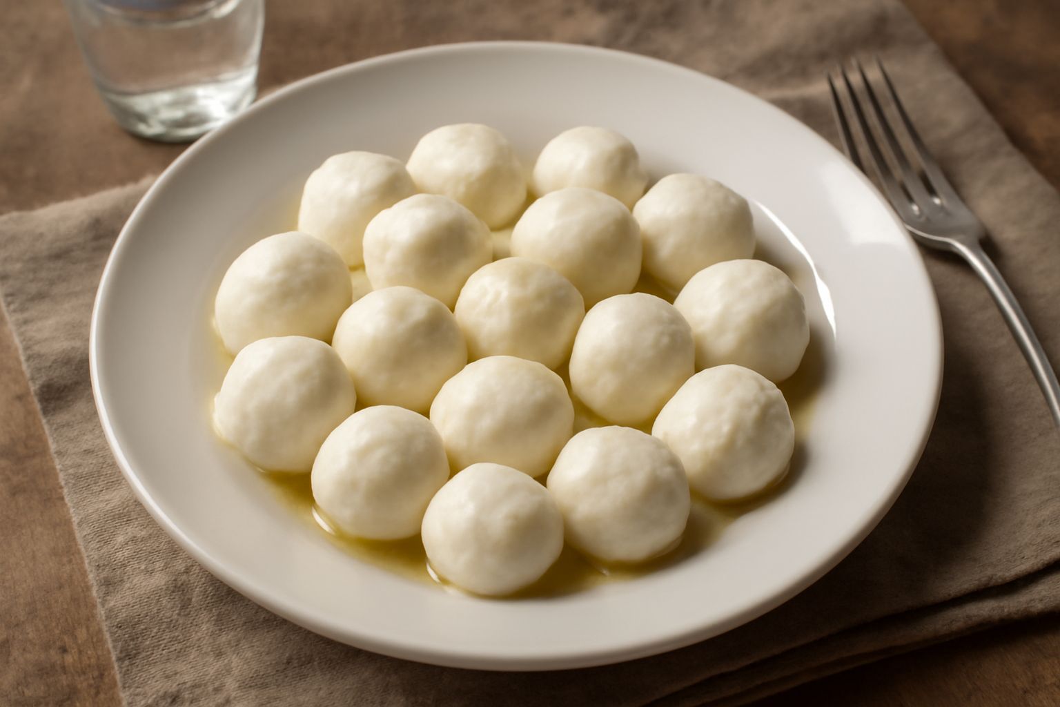 Piatto di gnocchetti di ricotta bianchi e tondi, con burro fuso e salvia fresca, presentati su piatto bianco con cucchiaio di legno