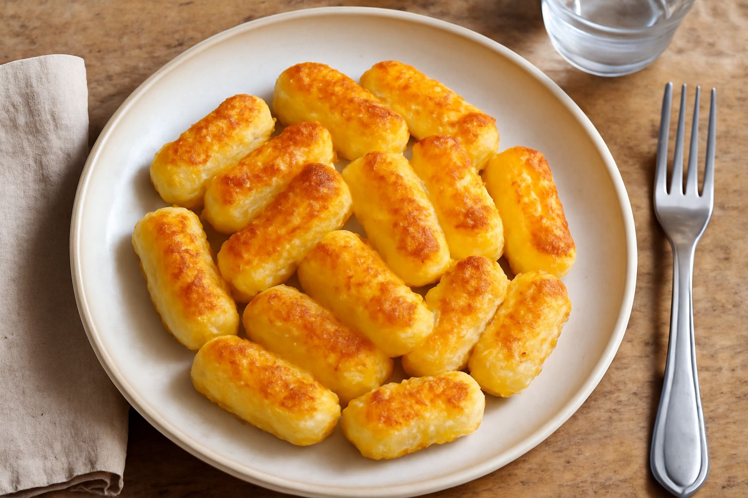 Gnocchetti di semola dorati al forno in pirofila, con crosta gratinata di parmigiano e burro, con un cucchiaio di legno accanto e briciole di pane intorno