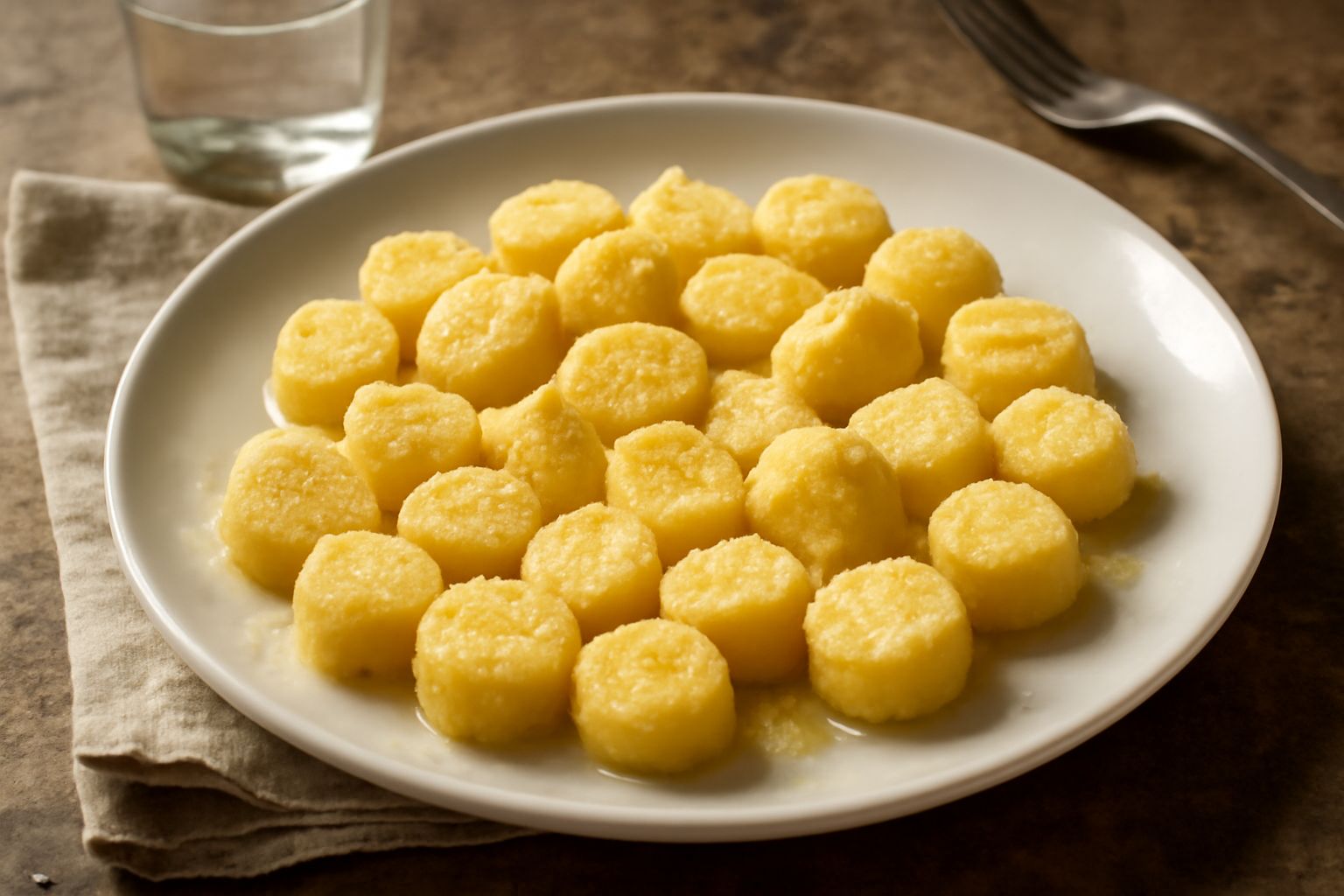 Gnocchetti di semolino gialli e leggermente rugosi nel piatto bianco, conditi con burro fuso e formaggio grattugiato, accompagnati da erba cipollina fresca e pepe nero