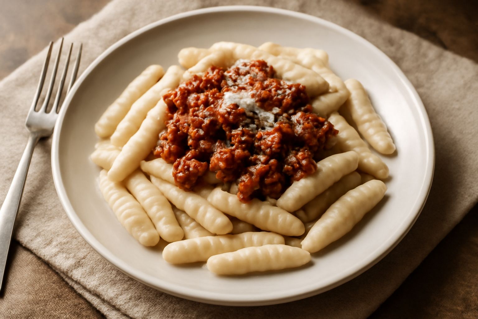 Piatto di gnocchetti friulani appena cotti, di colore beige chiaro, oblunghi e leggermente rigati, serviti con ragù di carne rosso scuro, guarniti con parmigiano grattugiato bianco e prezzemolo verde 