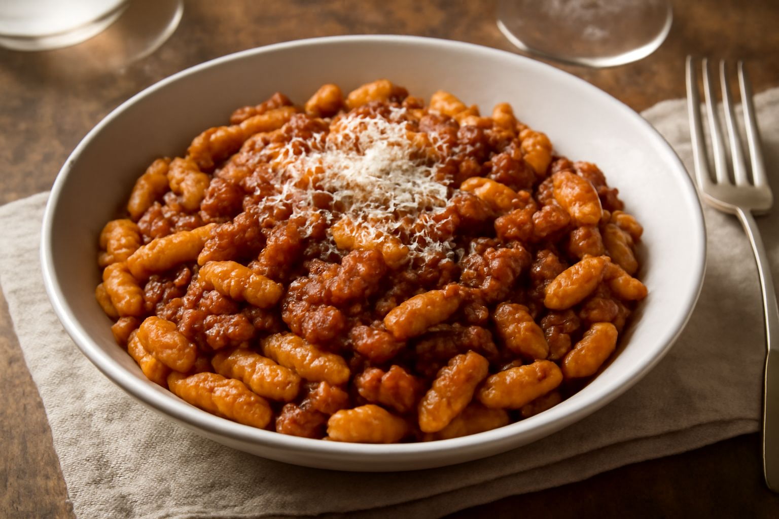 Gnocchetti sardi gialli cotti conditi con ragù rosso su piatto bianco, spolverati di formaggio pecorino grattugiato, con contorno di verdure cotte sfocate sullo sfondo