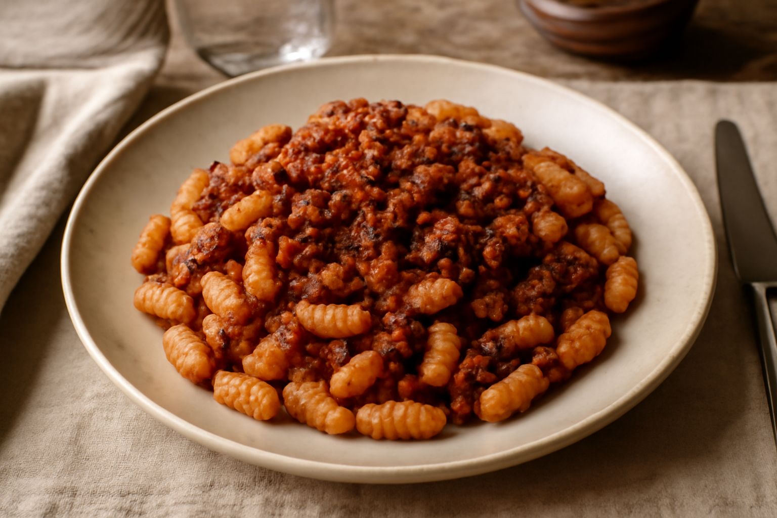 Piatto di gnocchetti sardi color giallo paglierino rigatati, conditi con ragù di carne scuro e fumante, guarniti con pecorino sardo grattugiato, serviti in ciotola bianca con cucchiaio di legno