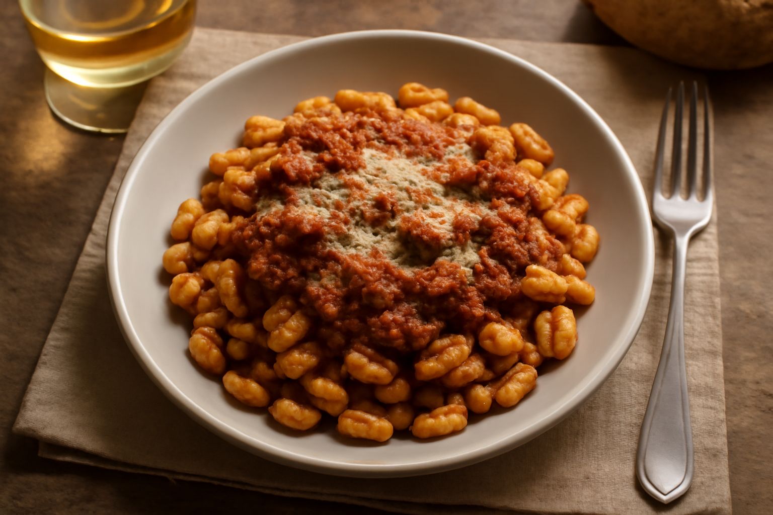 Piatto di gnocchetti sardi conditi con ragù rosso scuro, grattugiati di formaggio, serviti in un piatto bianco fondo con tre cucchiaiate di ragù ben visibile sulla pasta