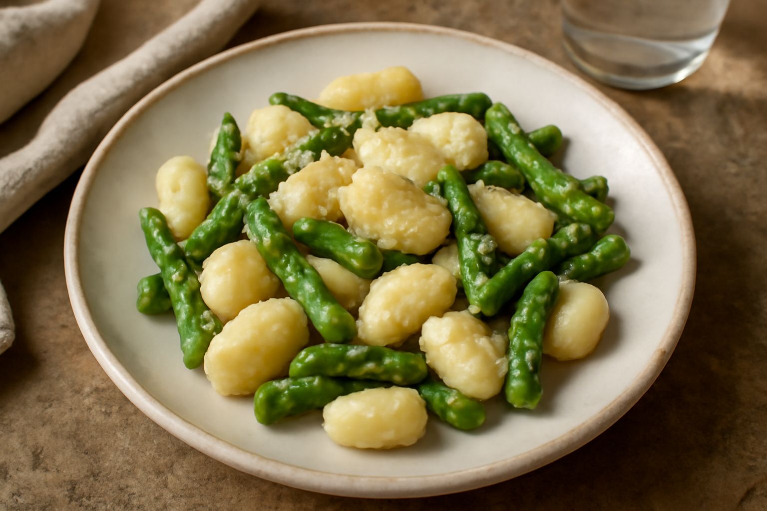 Piatto di gnocchi bianchi e soffici con punte di asparagi verdi brillanti, mantecati in burro fuso, spolverati di parmigiano grattugiato e pepe nero, serviti in piatto bianco fondo su tavolo di legno 