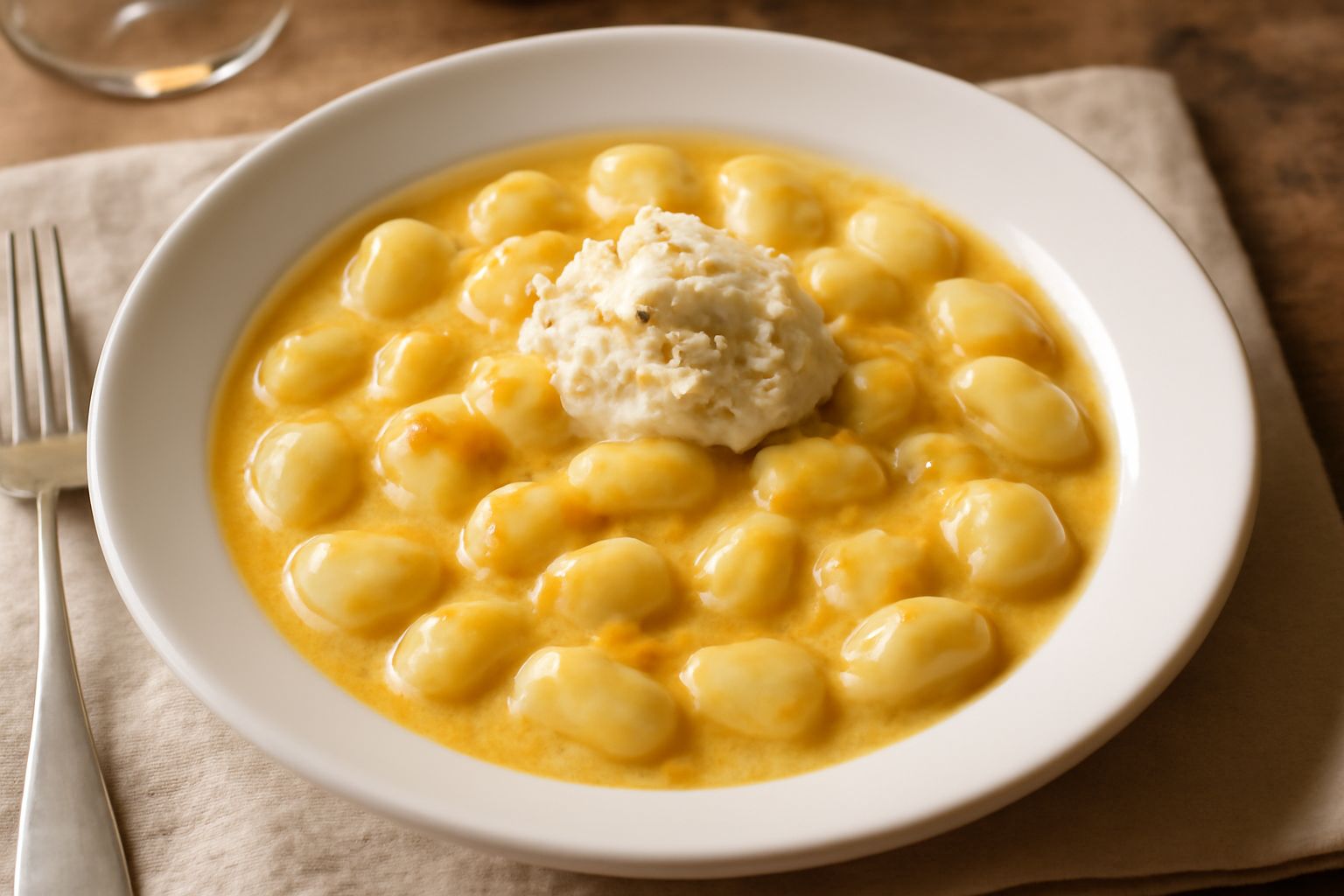 Gnocchi di patata bianchi e morbidi in un piatto fondo di ceramica bianca, ricoperti da salsa cremosa giallo oro con stringhe di formaggio fuso. Accanto una manciata di prezzemolo tritato fresco. Fond