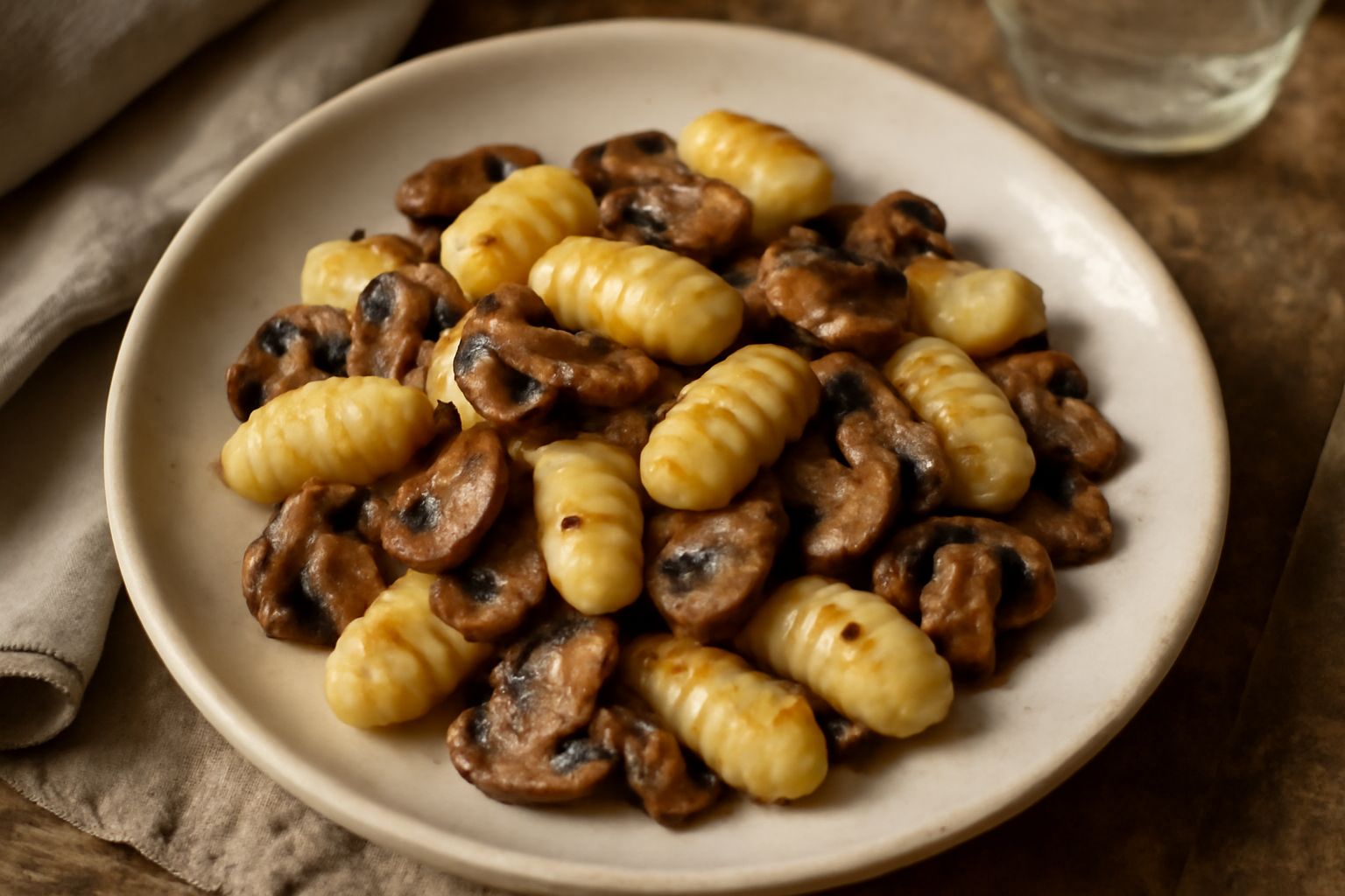 Gnocchi dorati conditi con funghi marroni e bianchi, prezzemolo fresco verde e filo di olio, serviti in piatto bianco fondo con contorno di salsa ai funghi beige chiaro