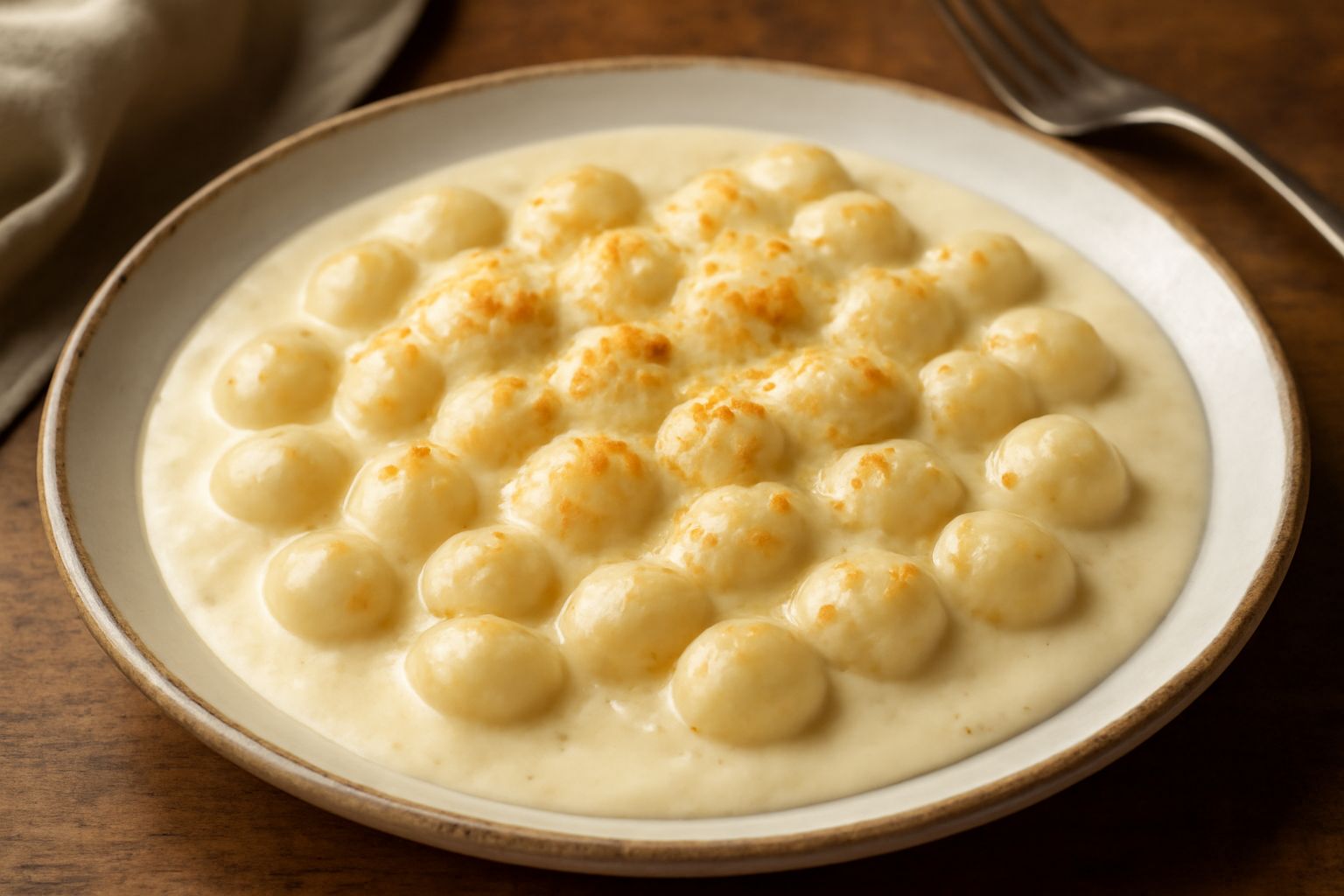 Gnocchi appena cotti in un piatto fondo, ricoperti di salsa cremosa color avorio dorato con formaggio di fossa grattugiato, guarniti con un filo d'olio e pepe nero macinato fresco