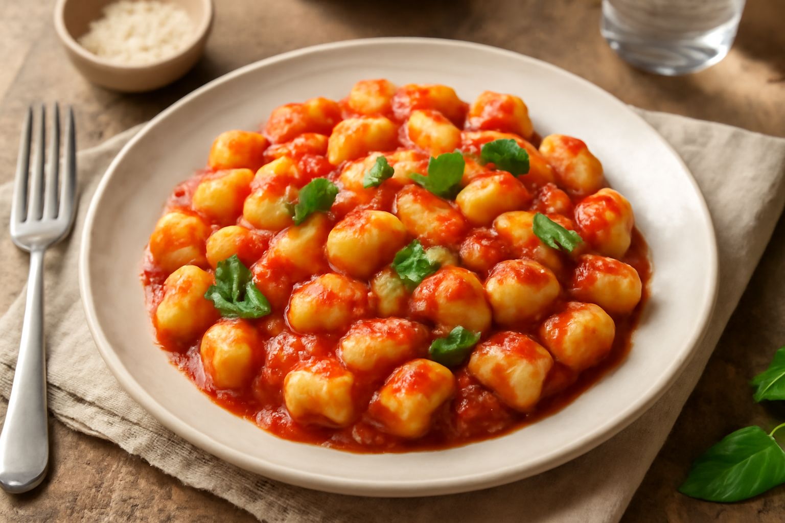 Piatto di gnocchi appena cotti, tondi e pallidi, conditi con pomodoro rosso fresco, basilico verde e una spirale di olio, su fondo scuro