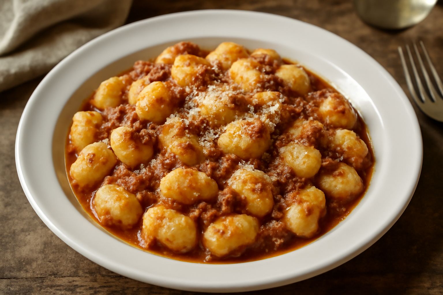 Gnocchi di patata color bianco-crema ricoperti di ragù rosso-marrone con ragù di carne, gratinati di parmigiano bianco grattugiato, serviti in piatto bianco fondo, con cucchiaio di legno accanto