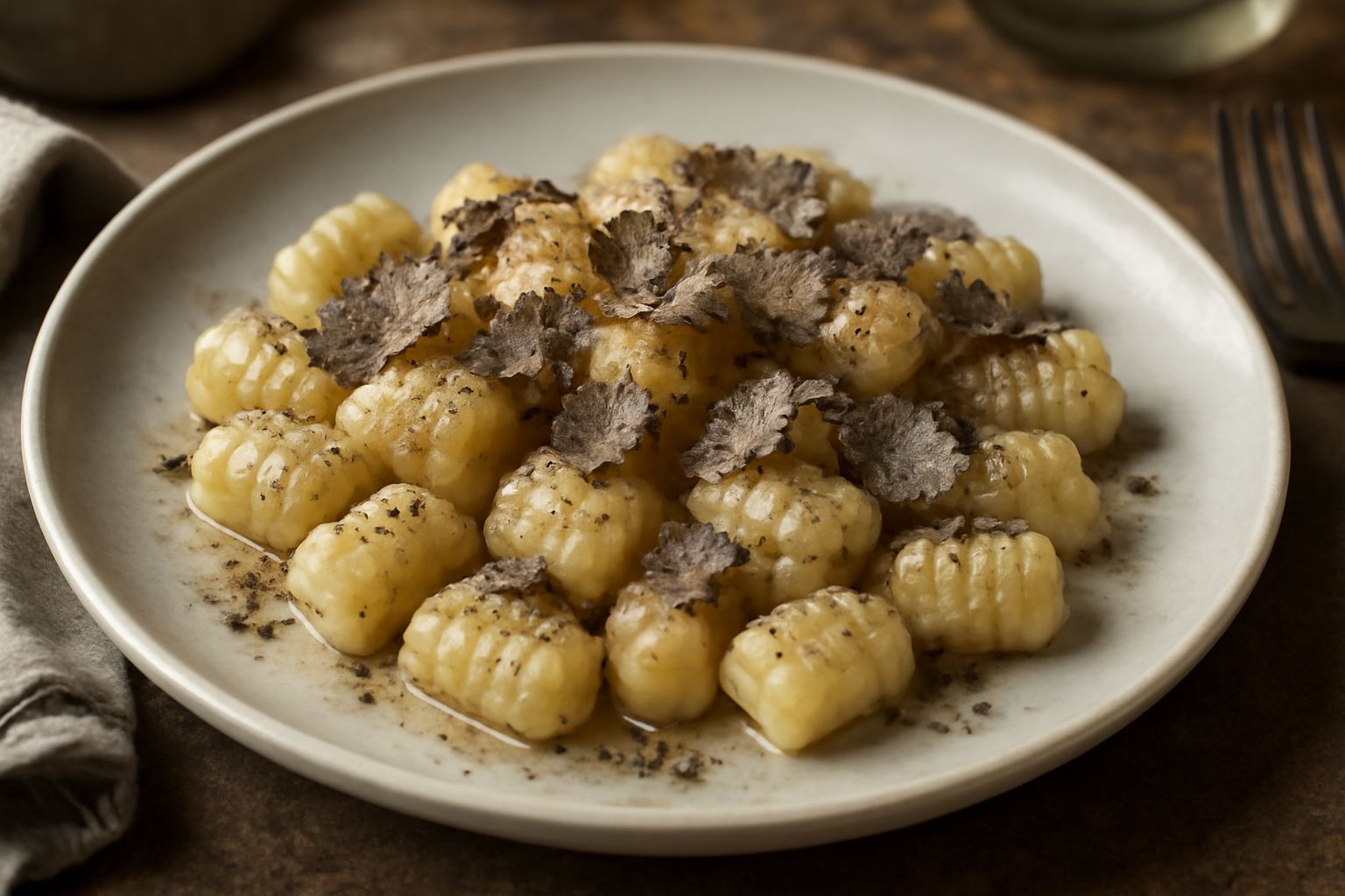 Gnocchi di patate ammassati in un piatto bianco, ricoperti di trucioli sottili di tartufo nero, burro fuso e scaglie di parmigiano grattugiato fresco