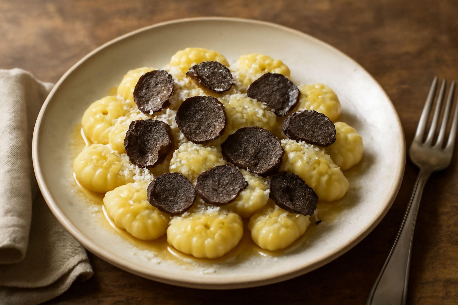 Piatto bianco con gnocchi dorati al tartufo nero, guarniti con fettine di tartufo nero, parmigiano grattugiato e prezzemolo fresco, in primo piano il piatto ben illuminato.