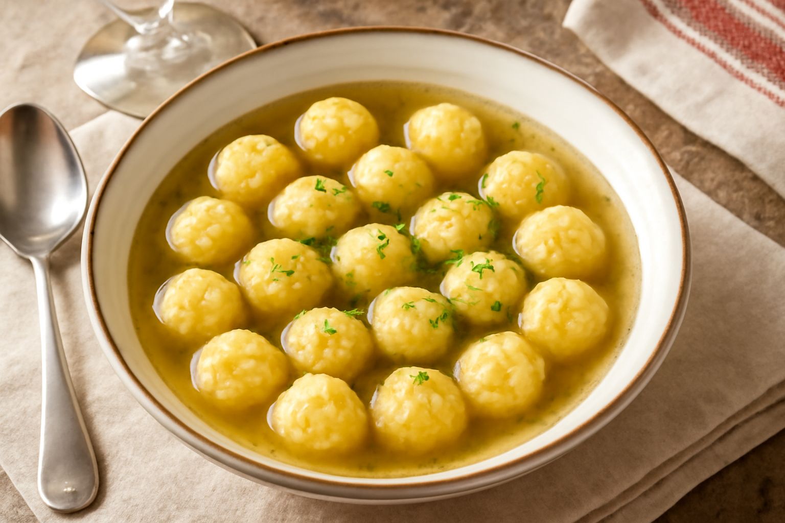 Gnocchi in brodo di colore giallo-dorato, rotondi e leggermente gonfi, serviti in una ciotola di ceramica bianca con brodo trasparente, prezzemolo fresco verde su superficie e un cucchiaio in acciaio 