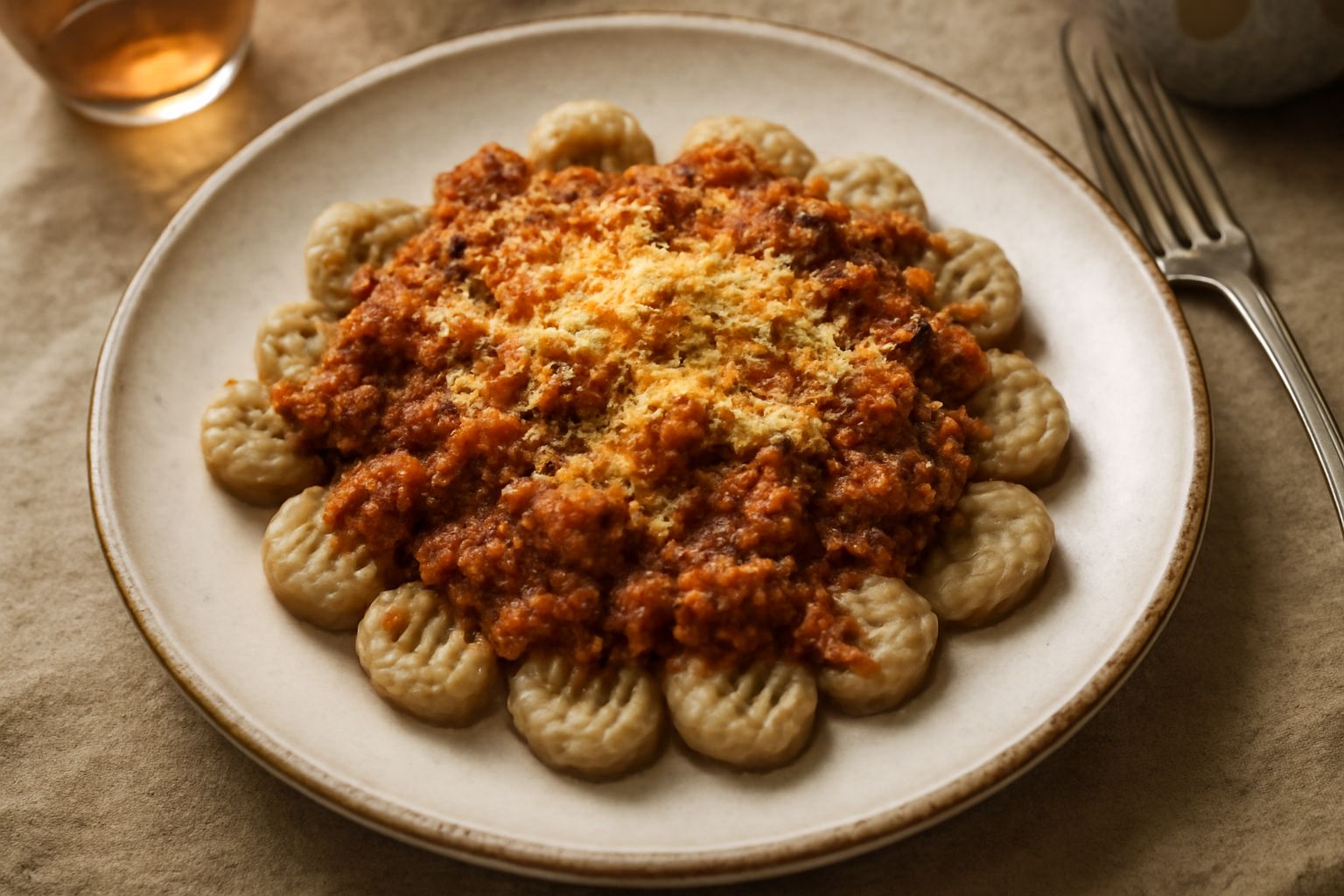 Piatto di gnocchi alla barese color beige-giallo con ragù di carne marrone scuro, serviti in piatto bianco con cucchiaio, guarniti con parmigiano reggiano grattugiato