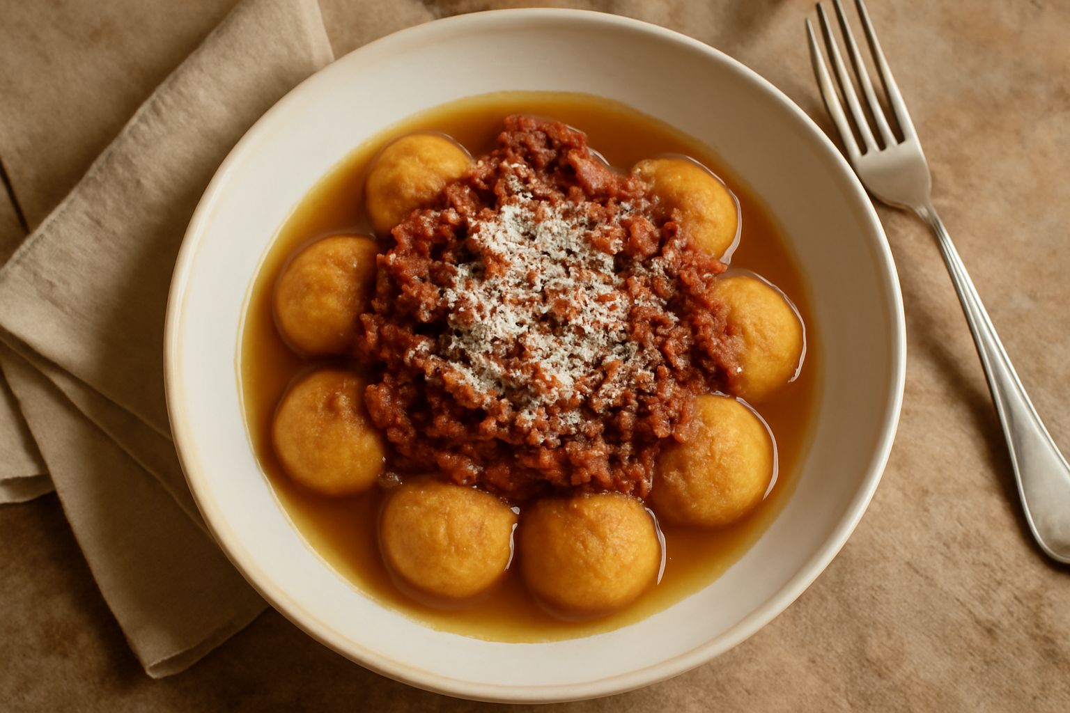 Gnocchi alla bari in una ciotola bianca fonda: gnocchetti tondeggianti di colore beige scuro, conditi con ragù rosso brunastro, ricoperti di parmigiano grattugiato bianco, brodo chiaro sugli ultimi ce