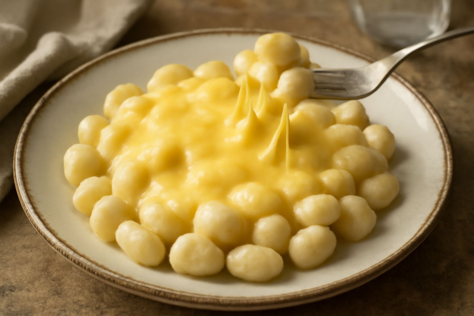 Piatto di gnocchi bianchi e gialli con formaggio filante che crea un filo cremoso, burro fuso e prezzemolo verde fresco sulla superficie