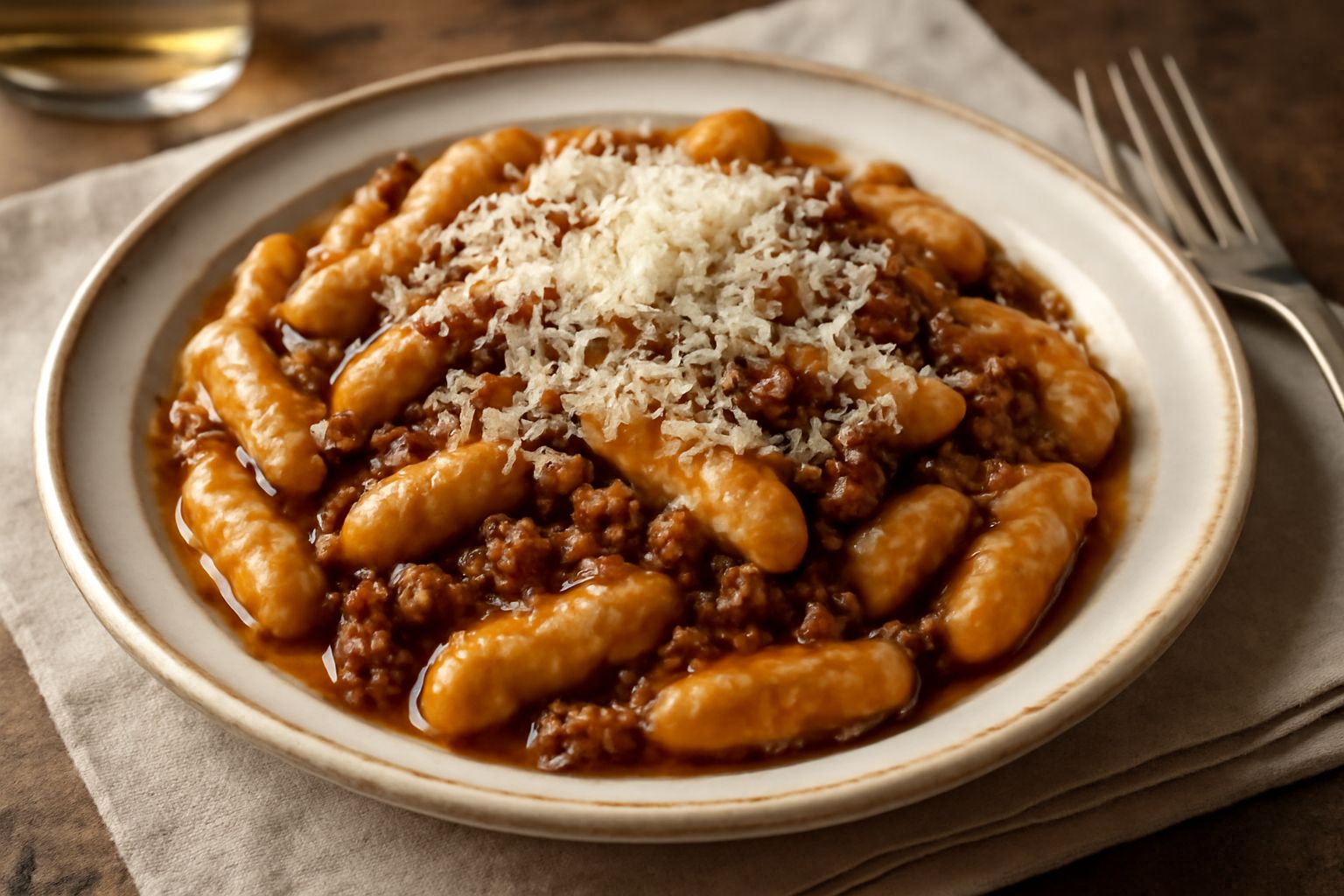 Gnocchi alla bergamasca nel piatto bianco, ricoperti di ragù marrone scuro, grana padano grattugiato in fili dorati, rosmarino fresco come guarnizione, su tavolo di legno naturale