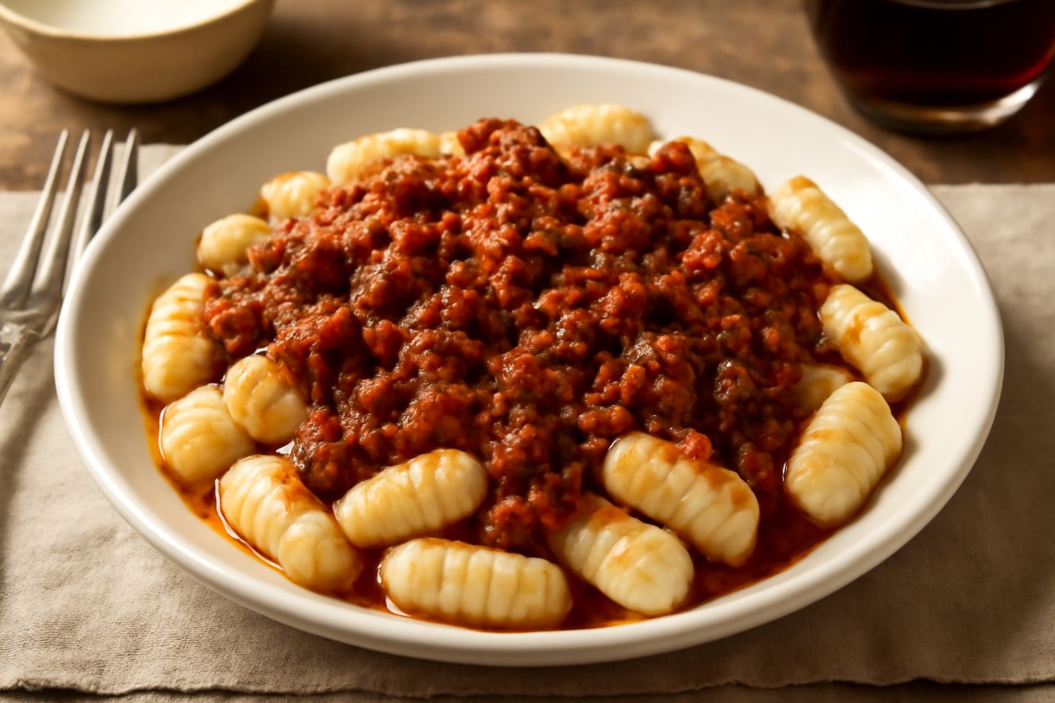 Piatto di gnocchi alla calabrese color bianco e beige, ricoperti di ragù rosso brunastro con pezzetti di carne visibili, un pizzico di peperoncino rosso in superficie, su un piatto bianco fondo fondo