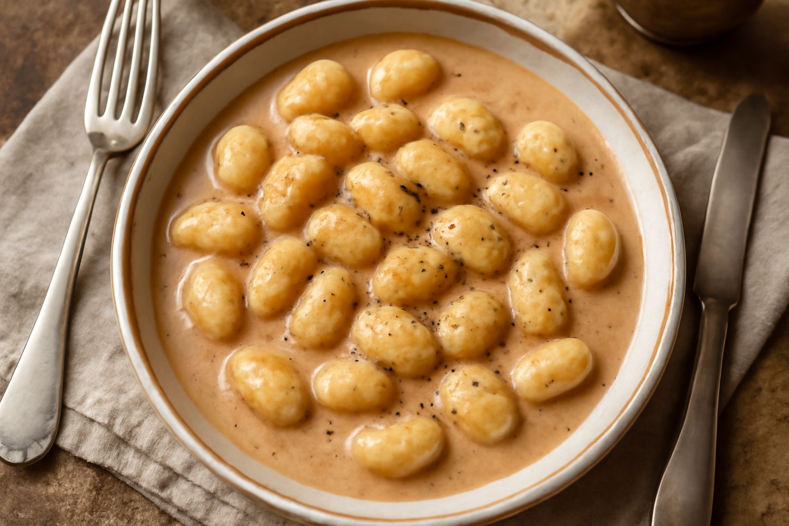 Gnocchi bianchi in salsa cremosa marrone e dorata, guarniti con un filo di burro e pepe nero, su un piatto bianco rotondo, con un bicchiere di cognac sfuocato sullo sfondo