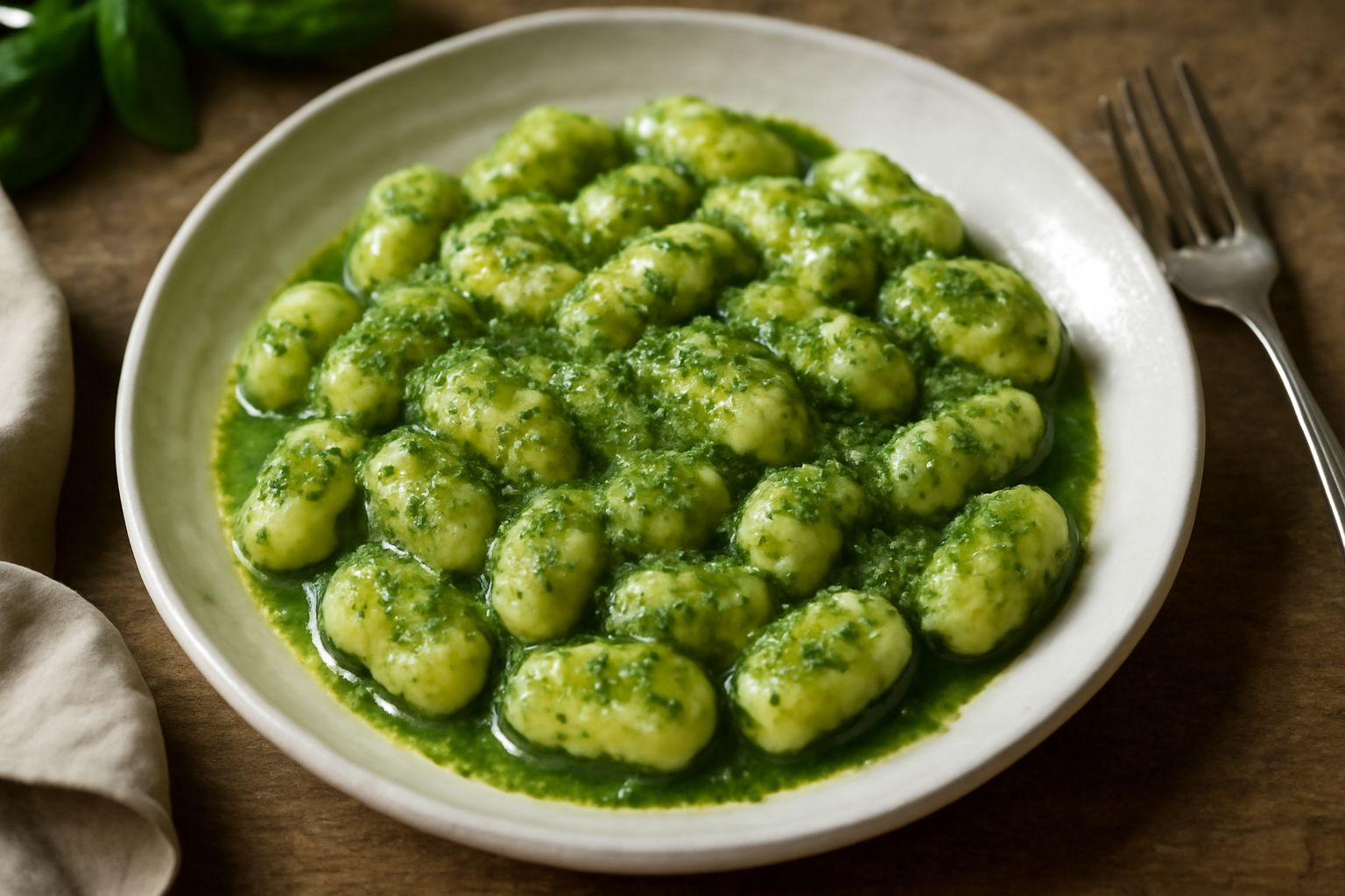 Piatto di gnocchi bianchi e morbidi conditi con sugo verde di basilico fresco, una fogliolina di basilico sulla superficie, fondo bianco con cucchiaio di legno accanto