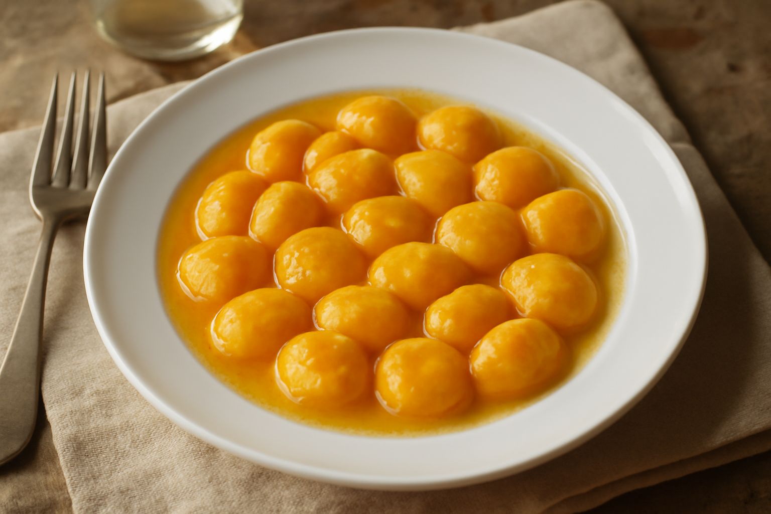 Piatto di porcellana bianca con gnocchi gialli e arancioni, caldi e appena cotti, cosparsi di burro fuso e parmigiano grattugiato, in una pentola di brodo vegetale sullo sfondo