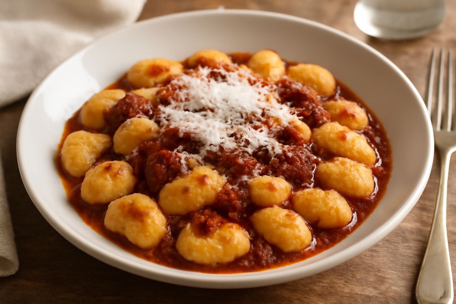 Gnocchi alla molisana in un piatto fondo bianco, ricoperti di ragù di carne rosso scuro, pecorino grattugiato bianco in superficie, vapore leggero, posate in acciaio a lato