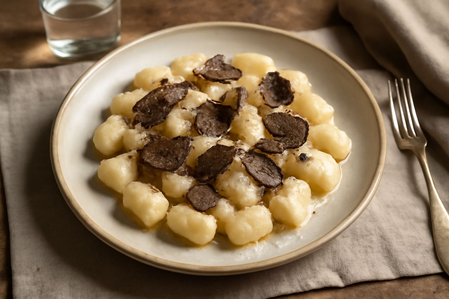 Gnocchi color bianco crema conditi con tartufo nero grattugiato in sottili lamelle, burro fuso che luccica, parmigiano grattugiato, serviti in piatto bianco profondo con bordo sfumato grigio