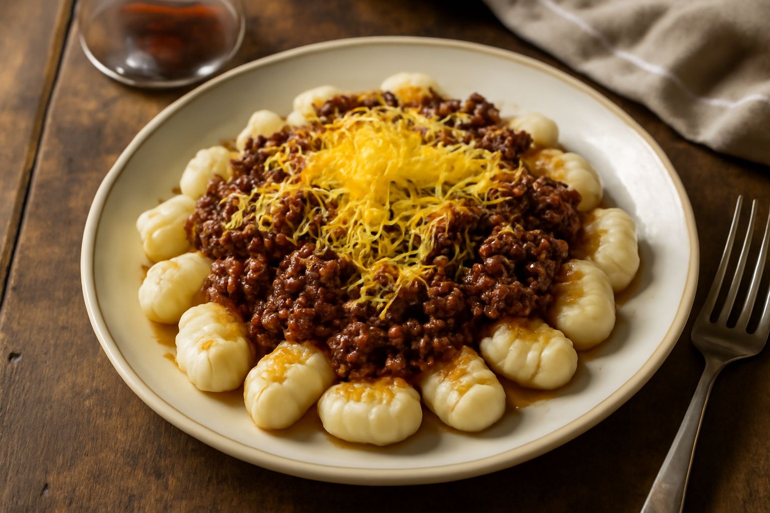 Piatto di ceramica bianca con gnocchi di patata dorati, conditi con ragù marrone scuro, formaggio grattugiato bianco-giallo e pezzetti di burro fuso, guarniti con prezzemolo fresco