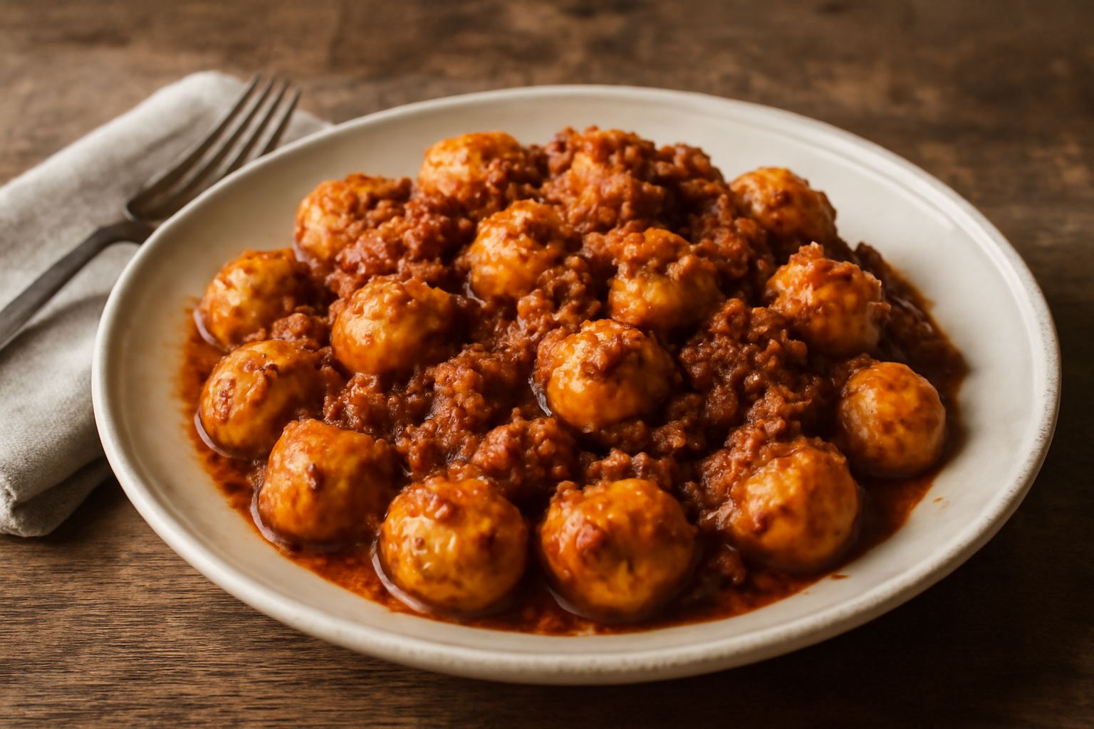 Piatto di gnocchi alla perugina conditi con ragù marrone scuro, grattugiata di parmigiano bianco e un filo di olio: gnocchi tondi e gonfi nel centro del piatto bianco