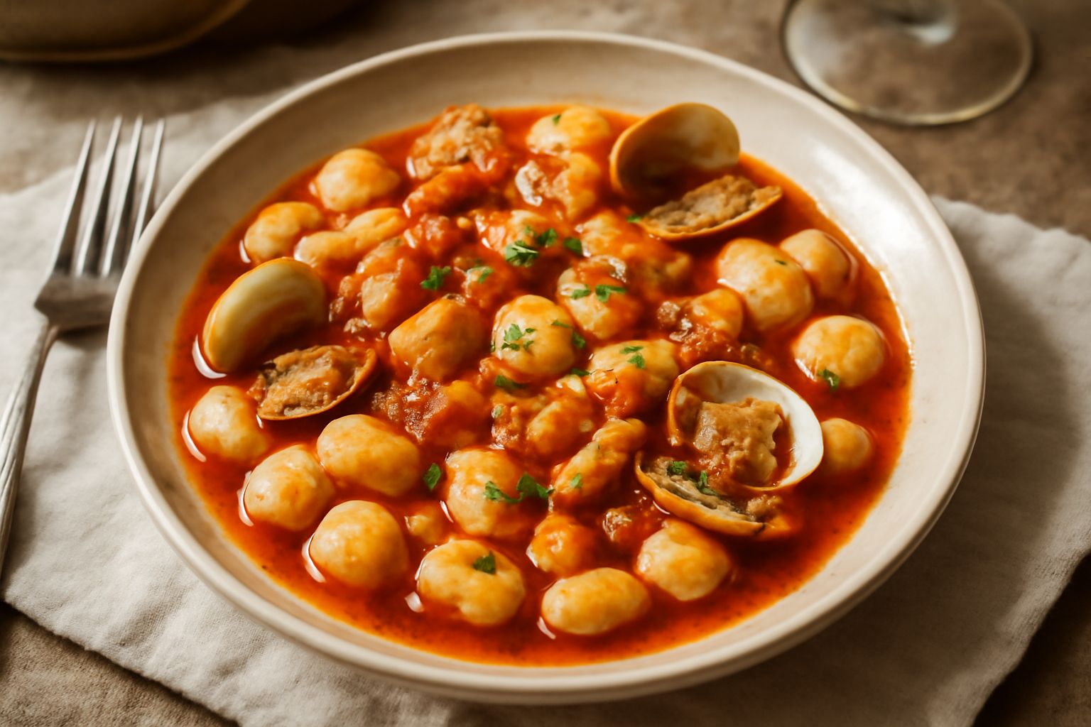 Piatto bianco con gnocchi di patata dorati, ricoperti di ragù rosso con pezzetti di pesce e vongole, guarnito con prezzemolo fresco tritato