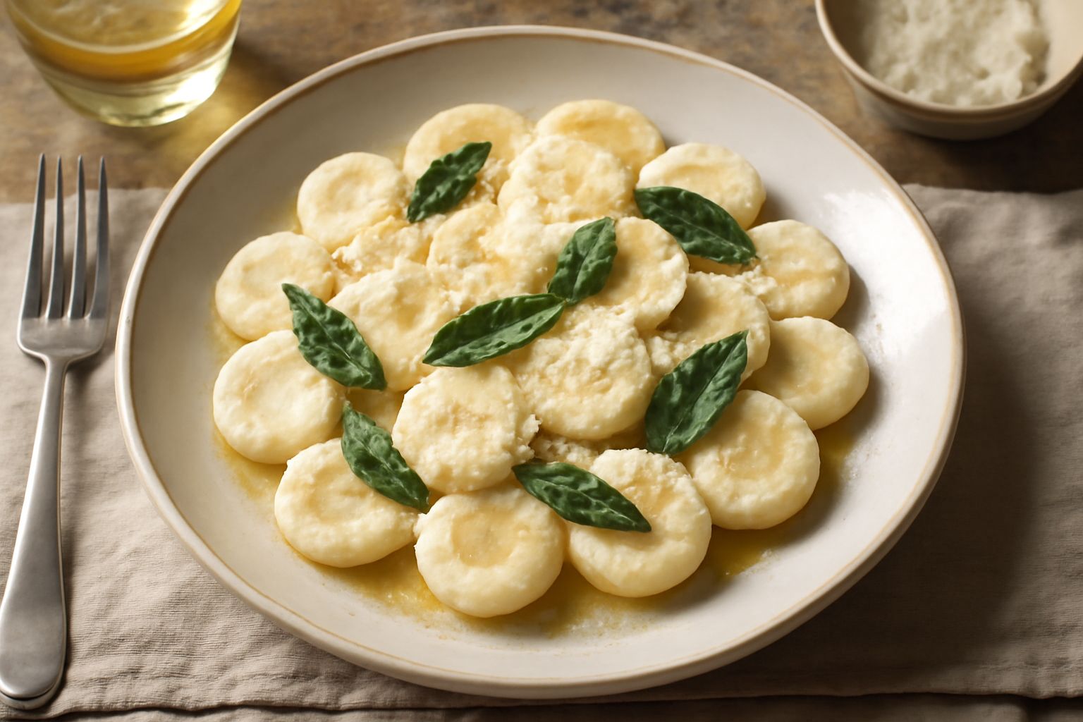 Piatto di gnocchi alla piemontese serviti in una ciotola bianca, spolverati di parmigiano grattugiato, con burro fuso leggermente giallo dorato, fondo di salvia fresca verde e marrone croccante