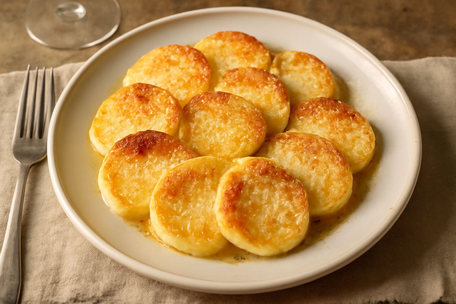 Piatto di gnocchi alla romana dorati e gratinati, impiattati in porcellana bianca, con melanzane grigie e croccanti in superficie, burro fuso che gocciola tra i dischetti, caldo e fumante