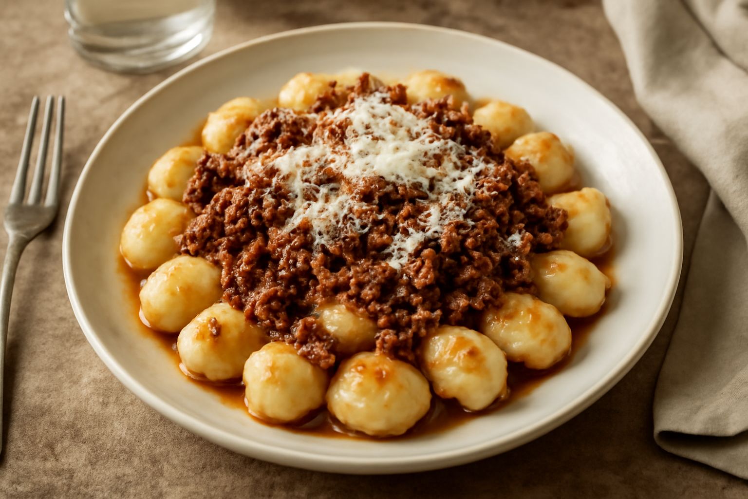 Piatto di gnocchi alla sassarese con ragù di carne scuro, grattugiato di pecorino bianco, serviti in ceramica bianca su tavolo in legno