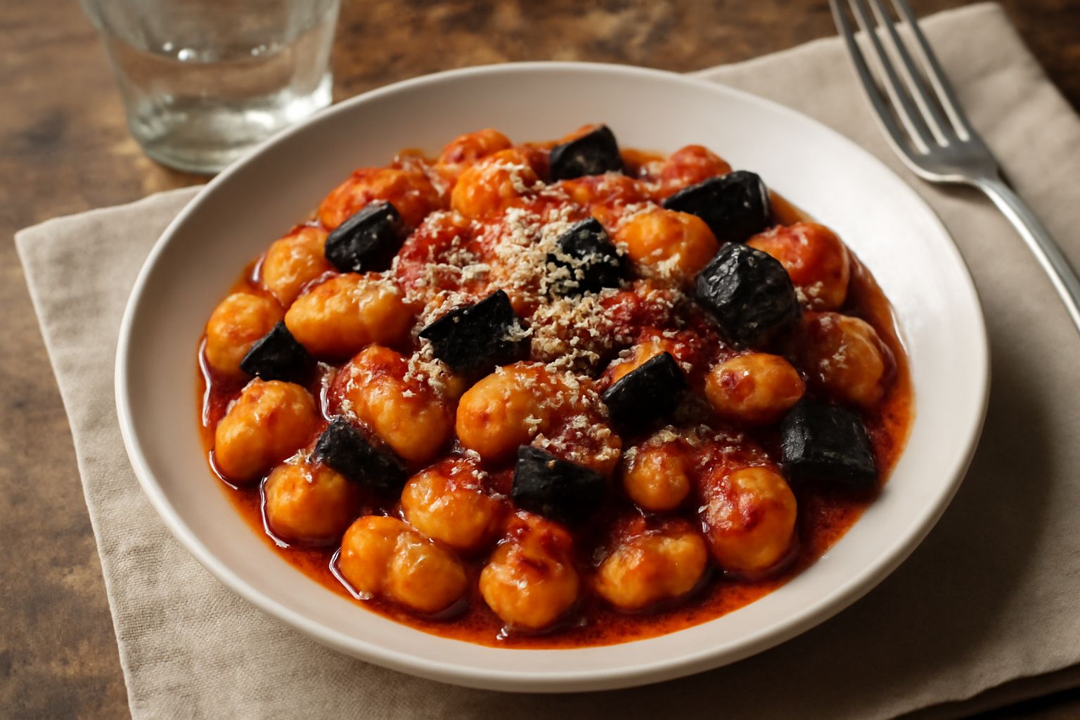 Piatto di ceramica bianca con gnocchi ricoperti di ragù rosso, melanzane scure, formaggio grattugiato bianco e basilico verde, fotografato dall'alto con forchetta di acciaio inox