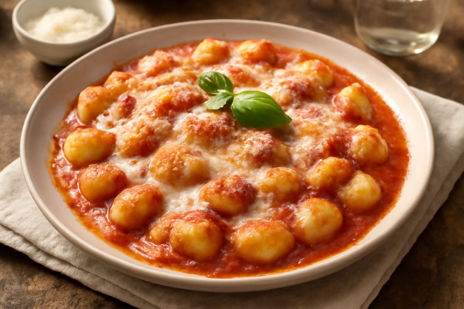 Gnocchi alla sorrentina appena sfornati, dorati in superficie, con mozzarella filante visibile tra gli gnocchi, salsa di pomodoro rosso vivo, gratinatura di parmigiano bianco, serviti in piatto bianco