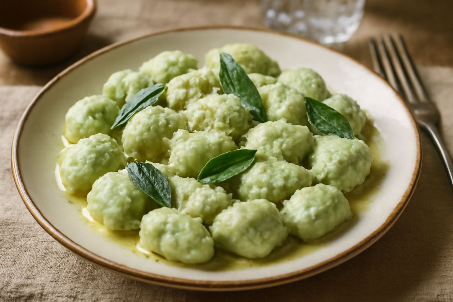 Piatto di gnocchi verde scuro serviti con burro fuso e salvia fresca, spolverati di parmigiano grattugiato, su piatto bianco con cucchiaio di legno a lato