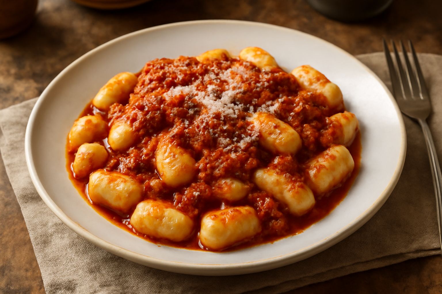 Gnocchi alla sulmonese in un piatto bianco conditi con ragù rosso scuro, grattugiatura di pecorino bianco e un cucchiaio di legno accanto