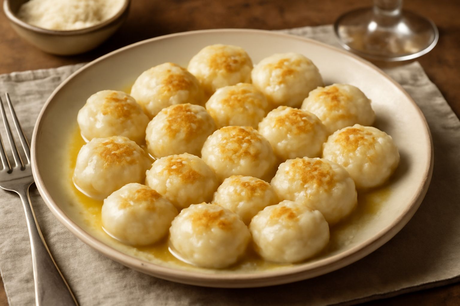 Gnocchi bianchi e tondi in un piatto fondo, ricoperti di burro dorato e formaggio grattugiato, con qualche filo di prezzemolo fresco, fondo in legno chiaro
