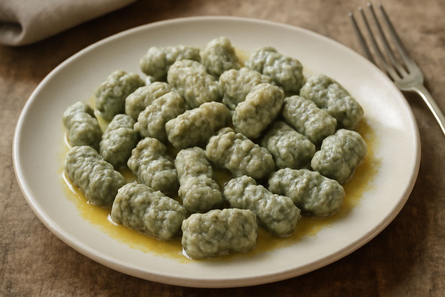 Gnocchi all'ampezzana in un piatto bianco, di colore verde pallido e grigio chiaro dovuti agli spinaci e alle patate, conditi con burro dorato e ricoperti di formaggio grattugiato, con una forchetta d