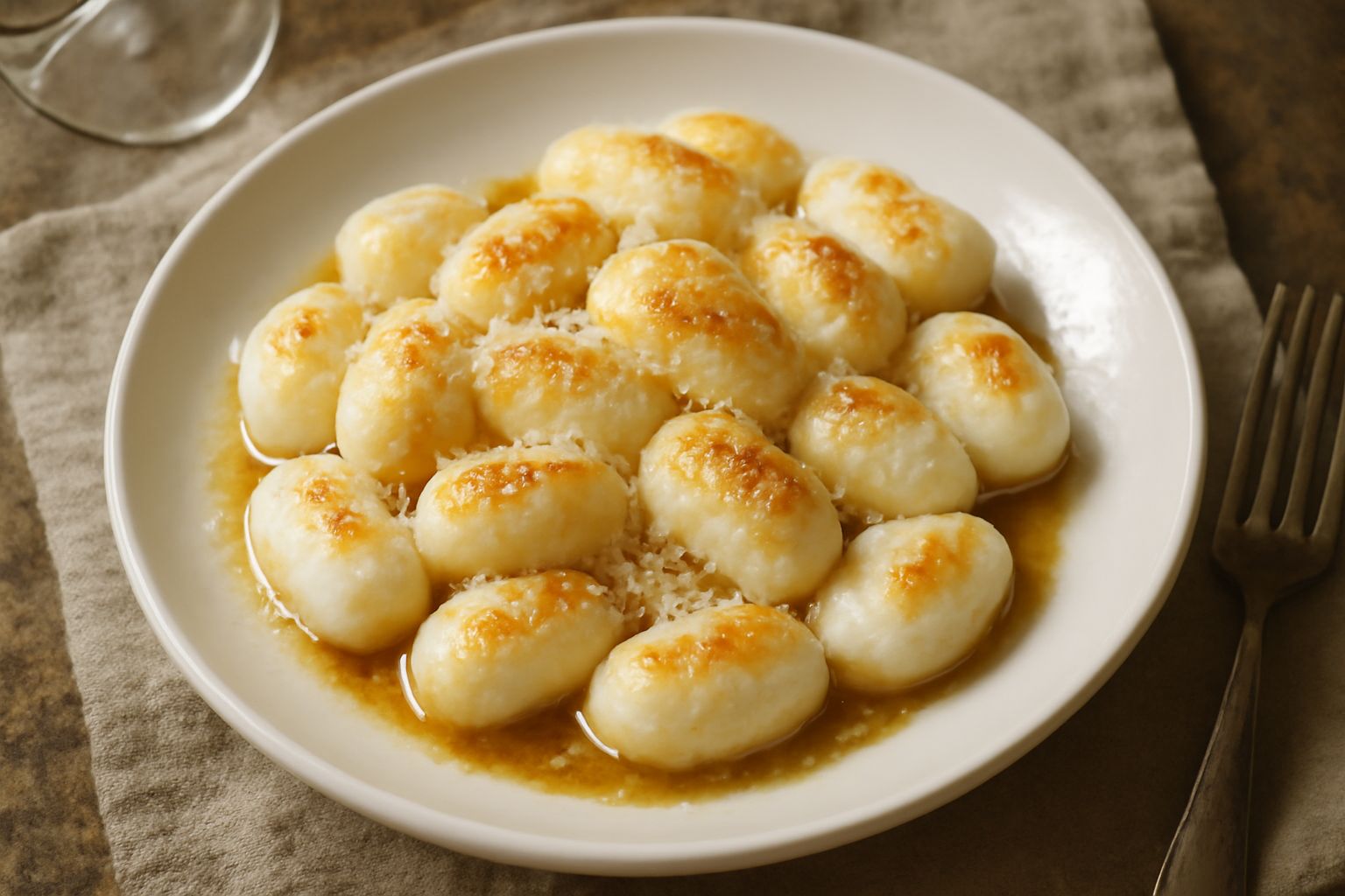 Piatto di gnocchi bianchi e morbidi conditi con burro fuso, grattugiato di formaggio giallo e prezzemolo fresco, serviti in un piatto fondo bianco
