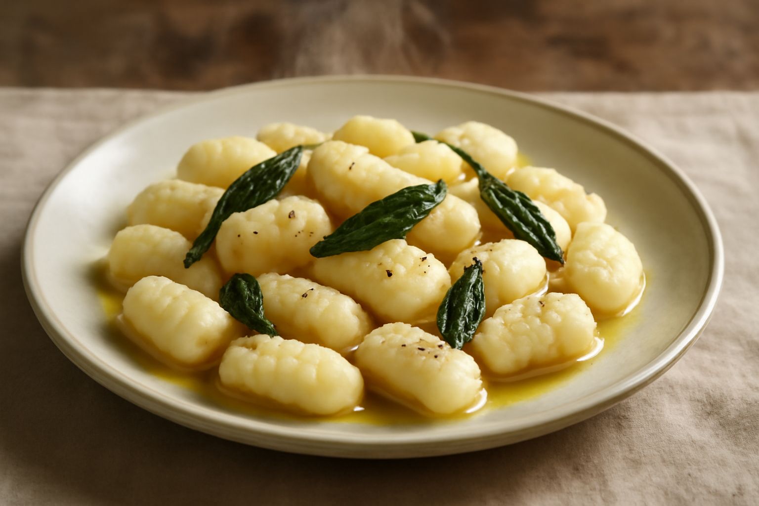 Gnocchi bianchi e dorati in un piatto fondo, ricoperti di burro fuso e foglie di salvia verde, con gocce di burro che scendono lungo i lati e fondo di tegame nero sfocato