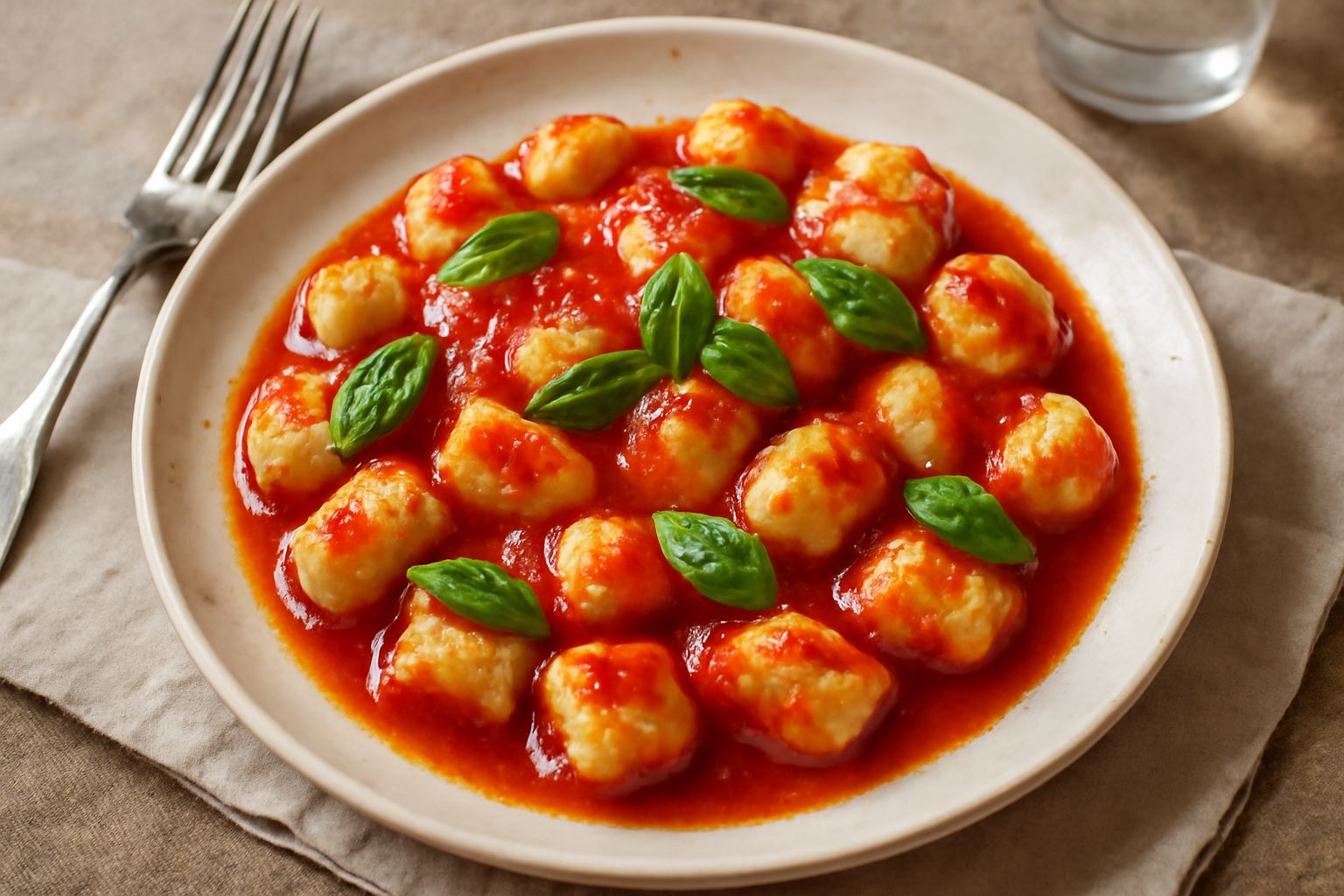 Piatto di gnocchi soffici conditi con sugo di pomodoro rosso vivo, una foglia di basilico fresco sul centro, filo di olio extravergine, fondo bianco