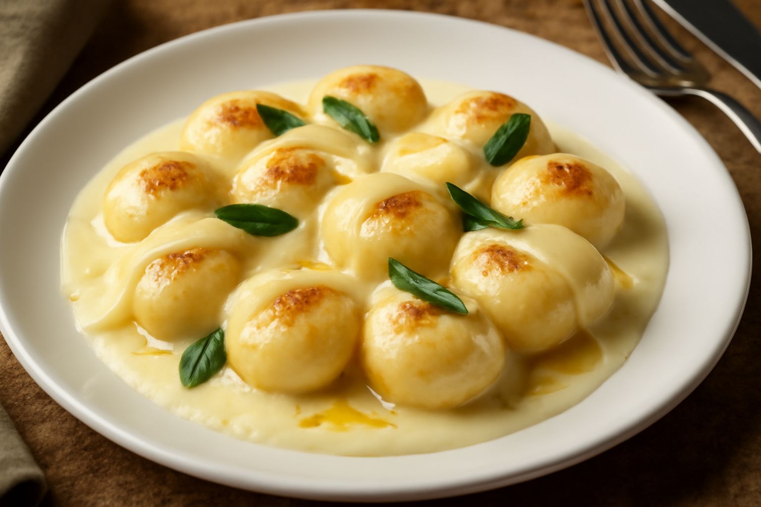 Gnocchi tondi e chiari in piatto bianco con salsa color crema, scaglie di fontina ambrata in rilievo, foglie di salvia fresca verde, burro fuso lucido, filo di pepe nero in cima