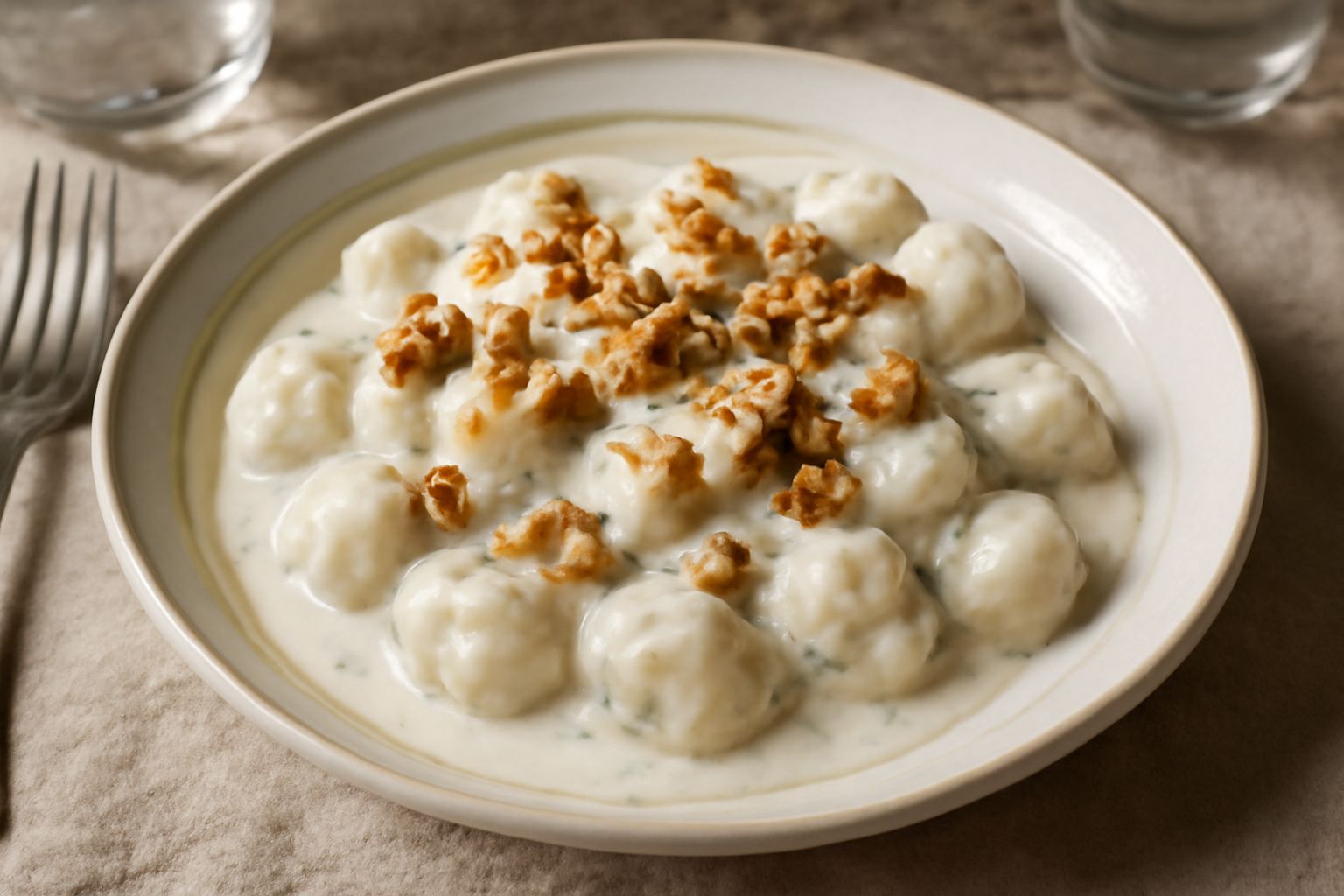 Piatto di gnocchi bianchi e morbidi ricoperti di salsa cremosa bianca e azzurrognola, con scaglie di gorgonzola visibile, guarniti con noci spezzate e prezzemolo fresco, serviti su piatto bianco