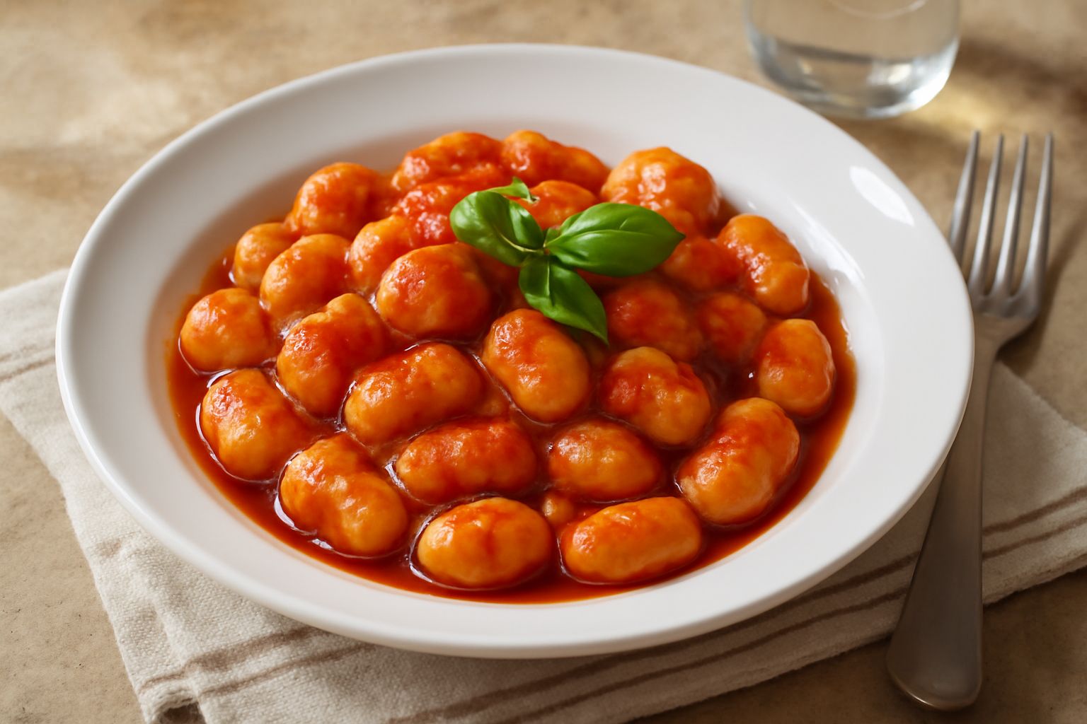 Piatto bianco con gnocchi di patate color crema con sugo di pomodoro rosso acceso, basilico fresco verde scuro in cima, formaggio grattugiato bianco e cucchiaio di legno sul bordo sinistro