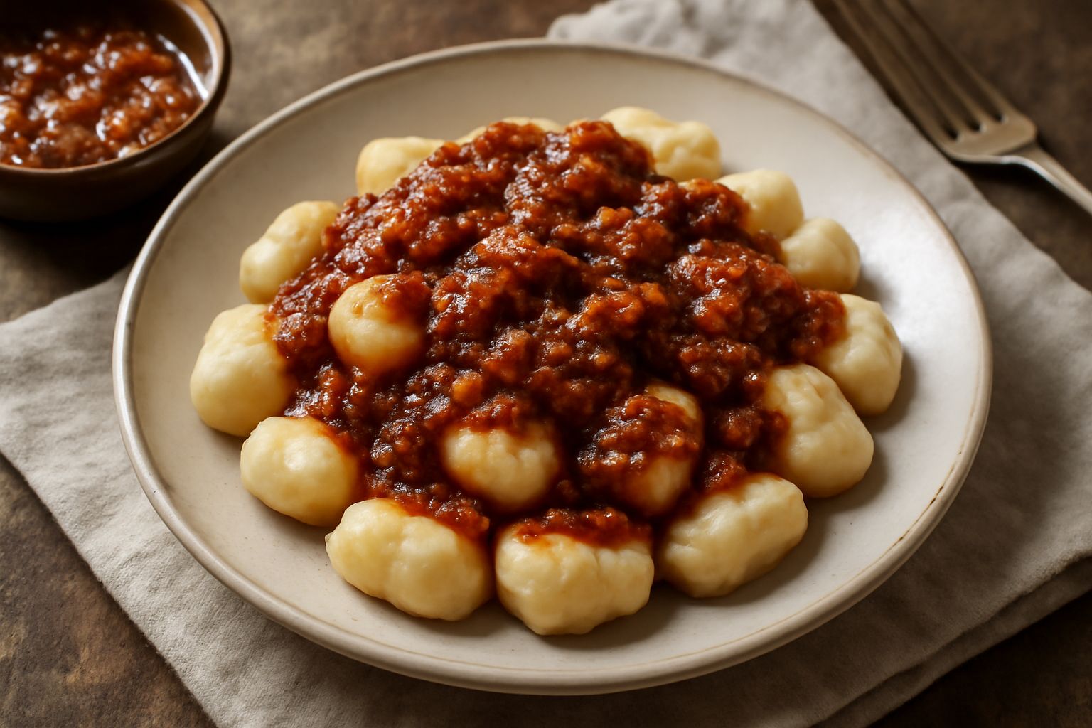 Piatto di gnocchi bianchi e morbidi ricoperti di ragù scuro e denso, decorati con parmigiano grattugiato e basilico verde, su piatto bianco fondo scuro