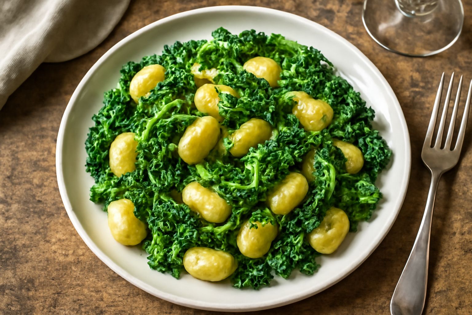 Un piatto bianco fondo con gnocchi di patata gialli e morbidi, ricoperti di fette sottili di verza saltata color verde oliva, burro fuso lucido e scaglie di parmigiano grattugiato, serviti con una for