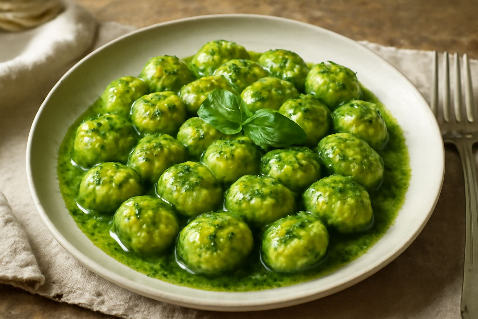 Piatto di gnocchi verdi e bianchi conditi con pesto verde brillante, guarniti con pinoli dorati e scaglie di parmigiano, su fondo bianco