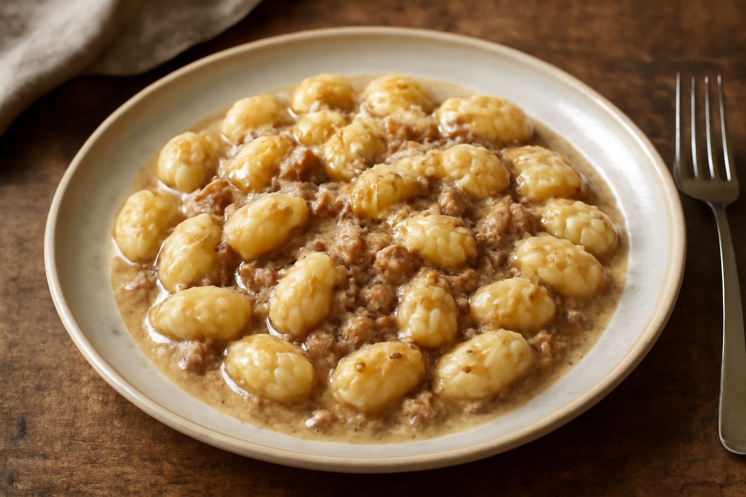 Gnocchi bianchi e morbidi in un piatto fondo, ricoperti di ragù bianco cremoso a base di carne macinata, burro e formaggio grattugiato, con una cucchiaiata sollevata dal piatto