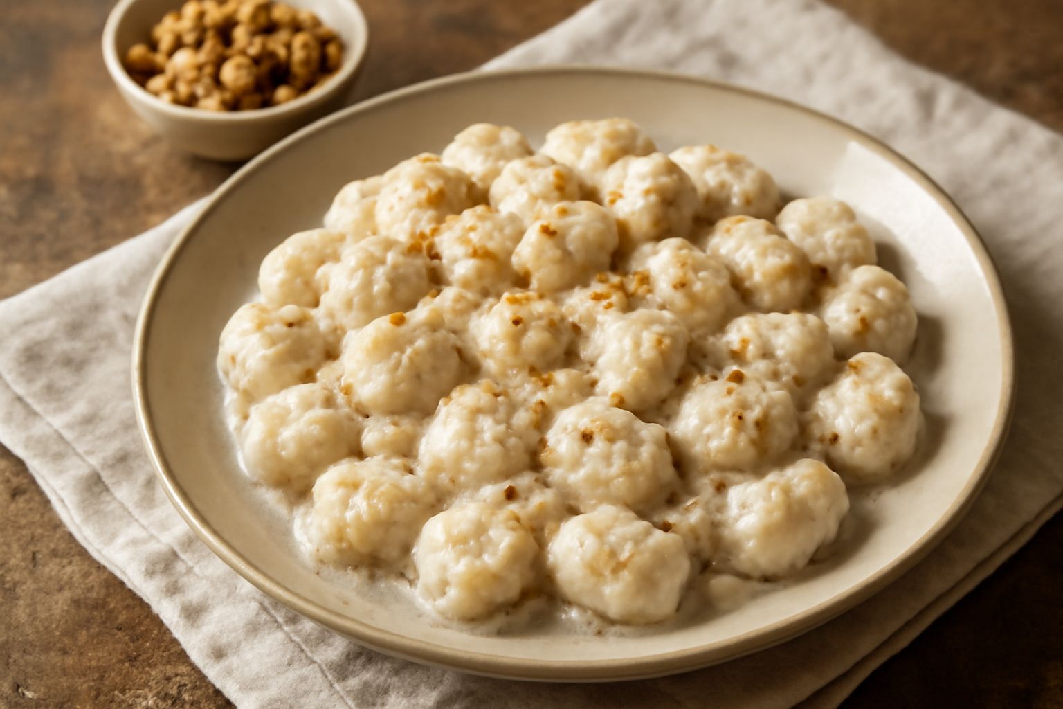 Piatto bianco con gnocchi di patata arrotondata di colore bianco avorio, ricoperti di salsa cremosa marrone nocciola con pezzetti visibili di noci tostate, guarniti con una lama sottile di parmigiano 