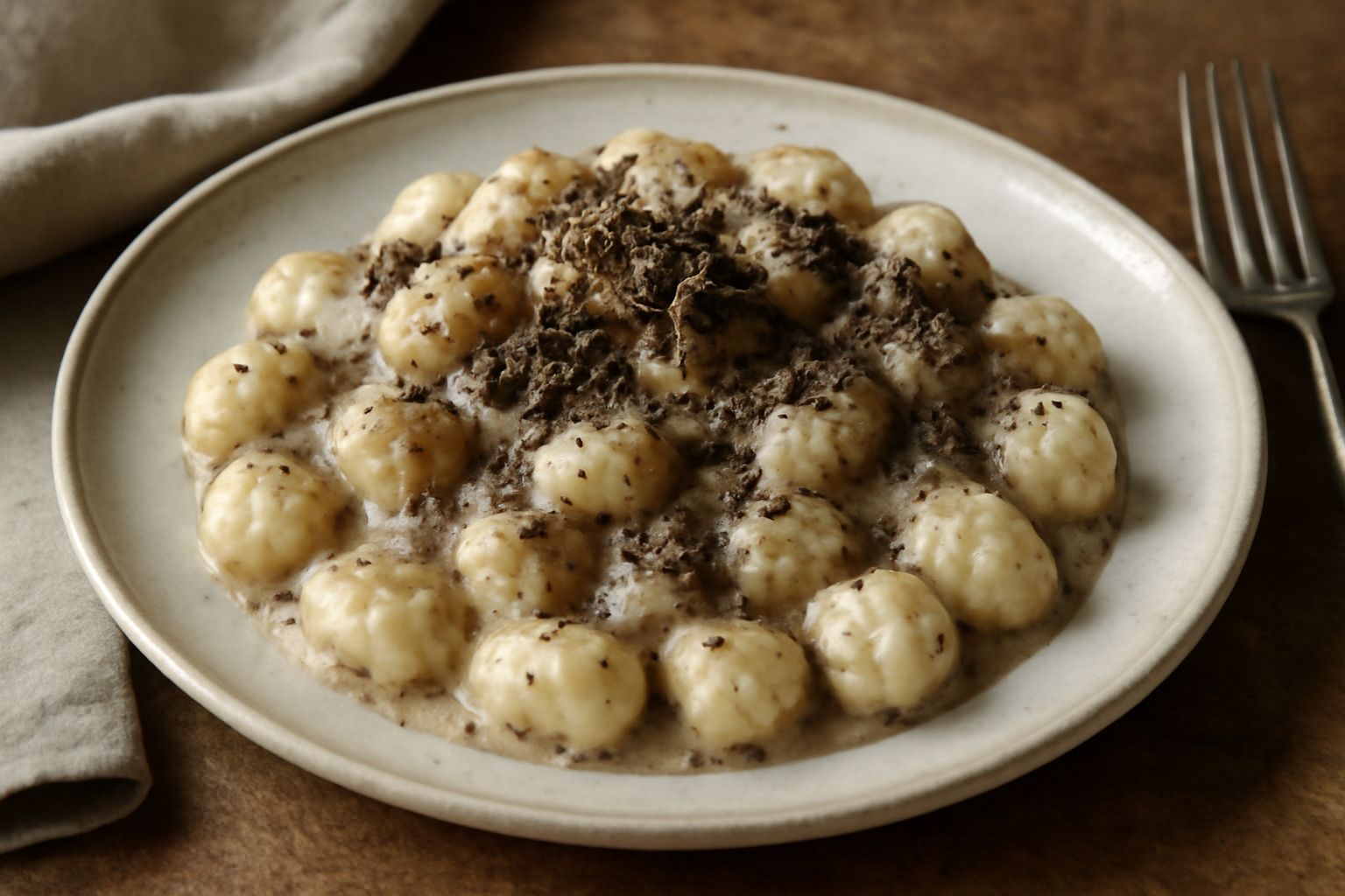 Piatto di gnocchi bianchi con salsa cremosa, conditi con tartufo nero grattugiato e prezzemolo, su piatto bianco lucido con bordo smerlato